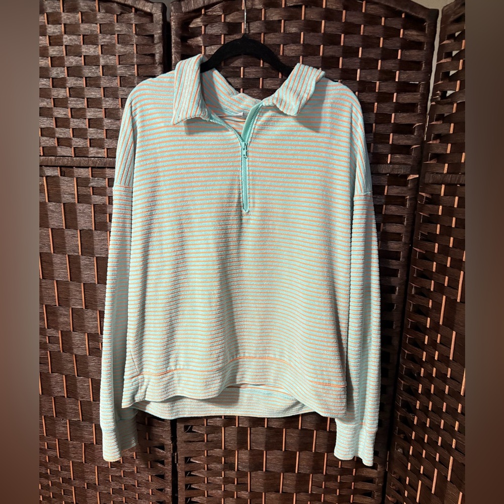 Peloton XL Striped Quarter Zip Pullover Aqua Orange Organic Cotton